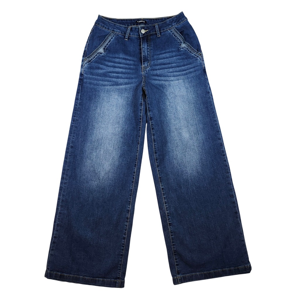 Flamingals Wide Leg Jean Women Medium Blue Excellent High Rise Dark Wash Stretch